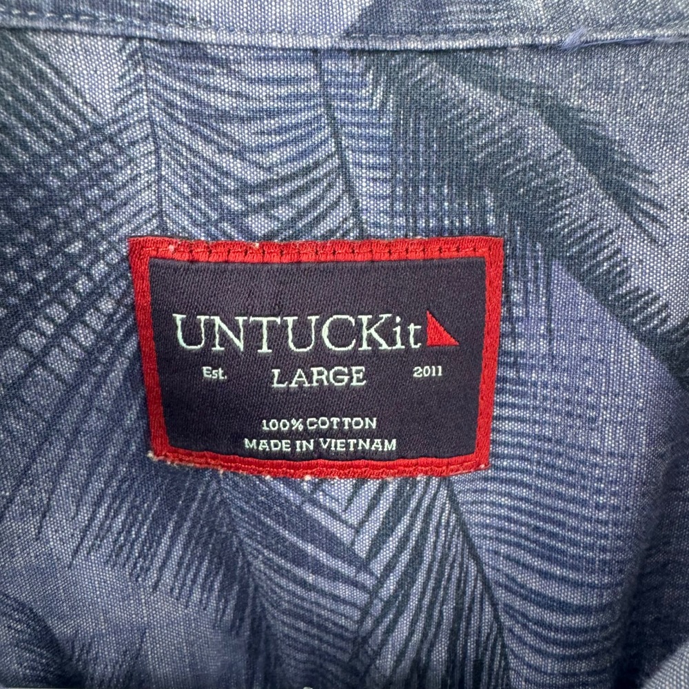 UNTUCKit Mens Large Blue Palm Leaf Print Short Sleeve Cotton Button Down Shirt - Picture 5 of 8